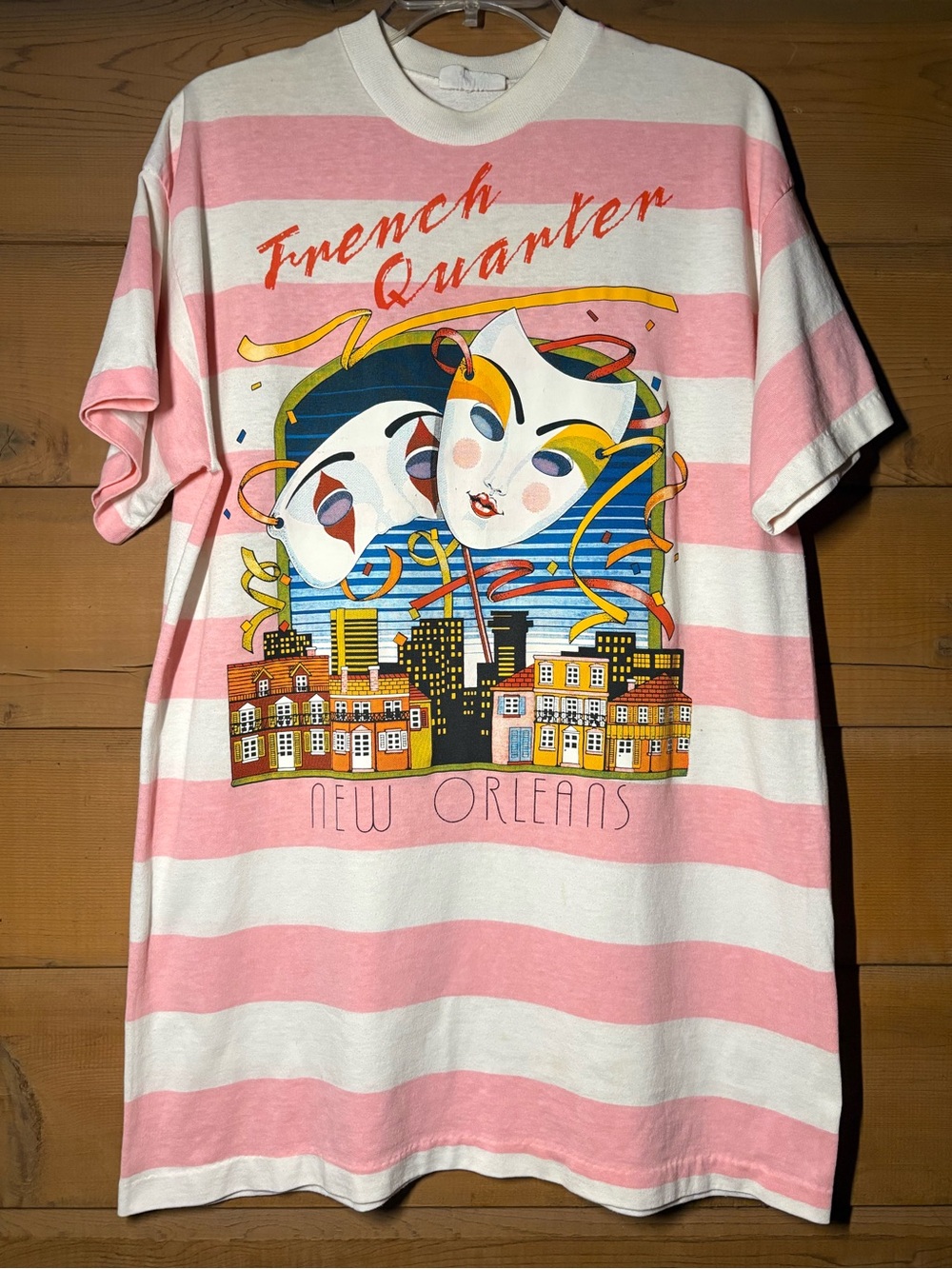 Vintage 80s NOLA French Quarter New Orleans Mardi Gras Pink & White Stripes